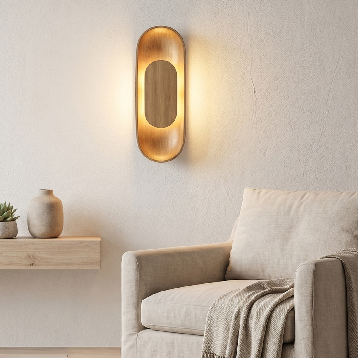 Modern Oval LED Wall Sconce 4 Contemporary living room reading nook featuring an indirect oval LED sconce above a beige armchair.