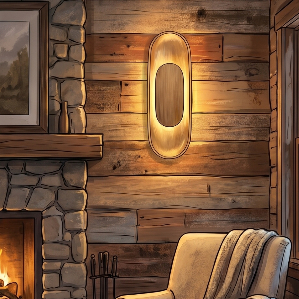 Modern Oval LED Wall Sconce 2 Capsule-shaped LED wall light installed on a rustic wooden log cabin wall next to a stone fireplace.