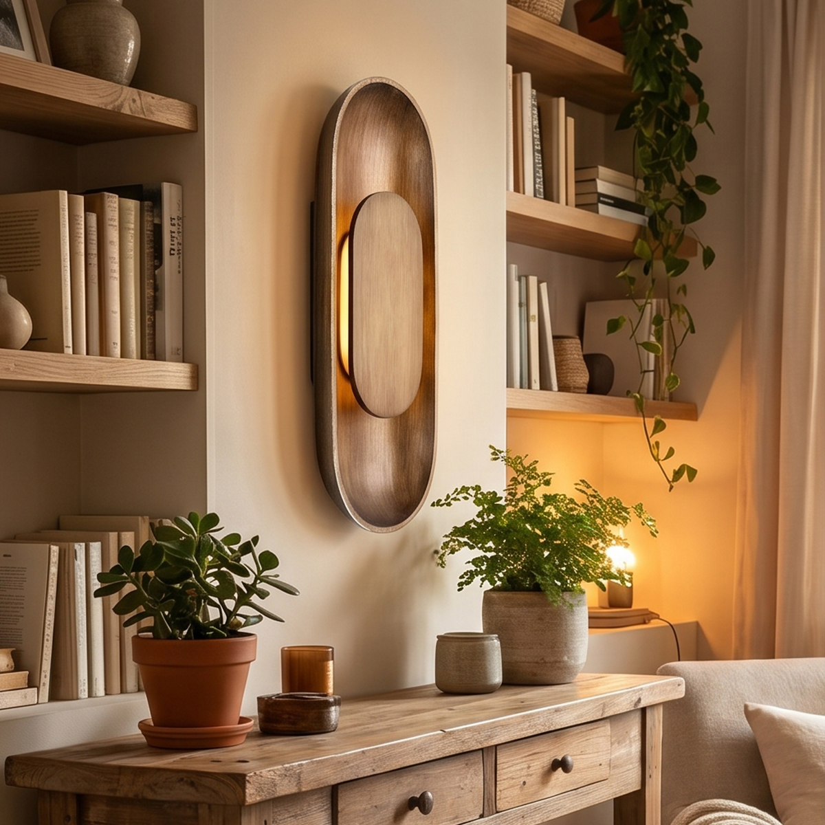 Modern Oval LED Wall Sconce 6 Mid-century modern oval LED sconce lighting a cozy living space with bookshelves and a wooden console table.