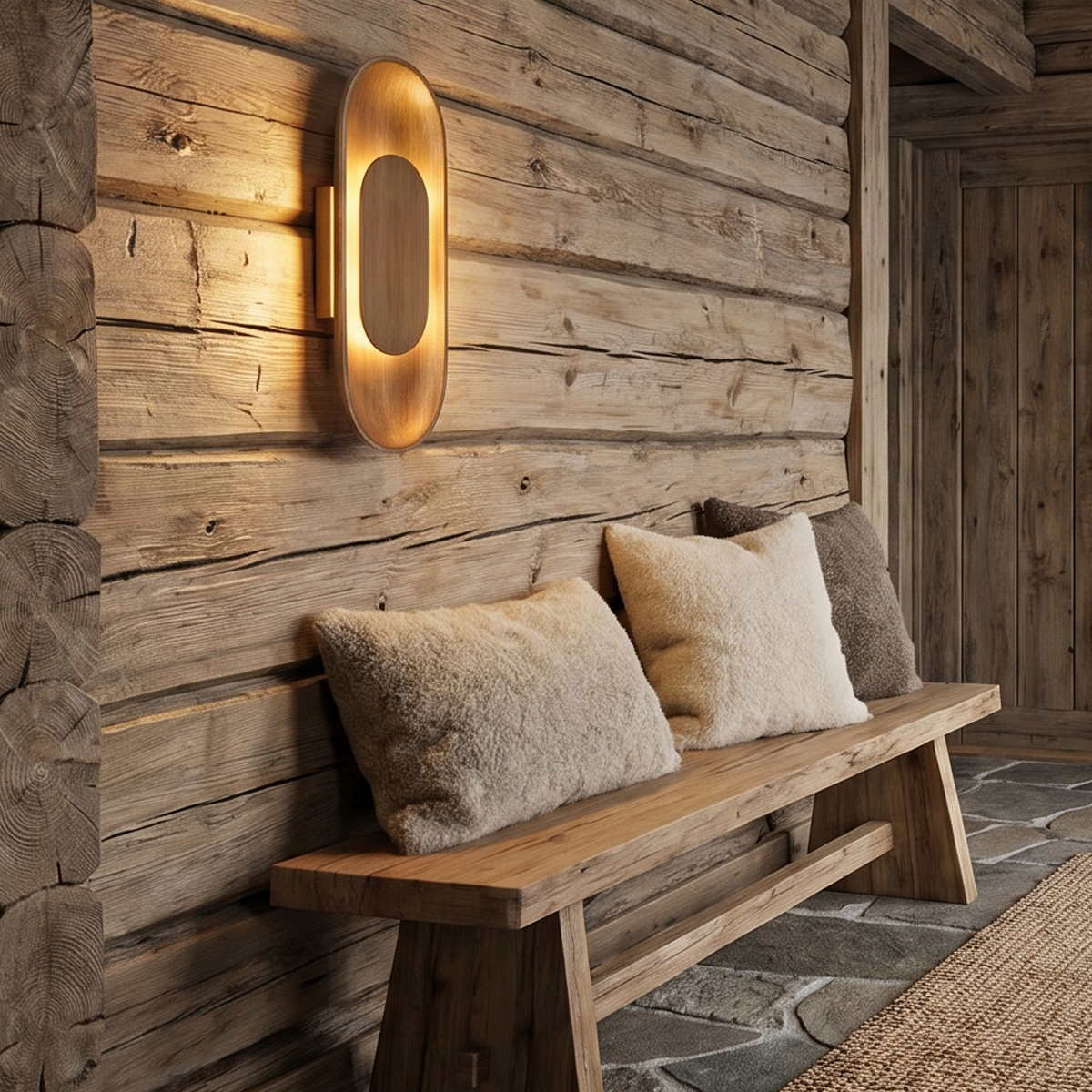 Modern Oval LED Wall Sconce 5 Warm capsule LED wall lamp glowing on a rustic timber wall over a wooden mudroom bench.