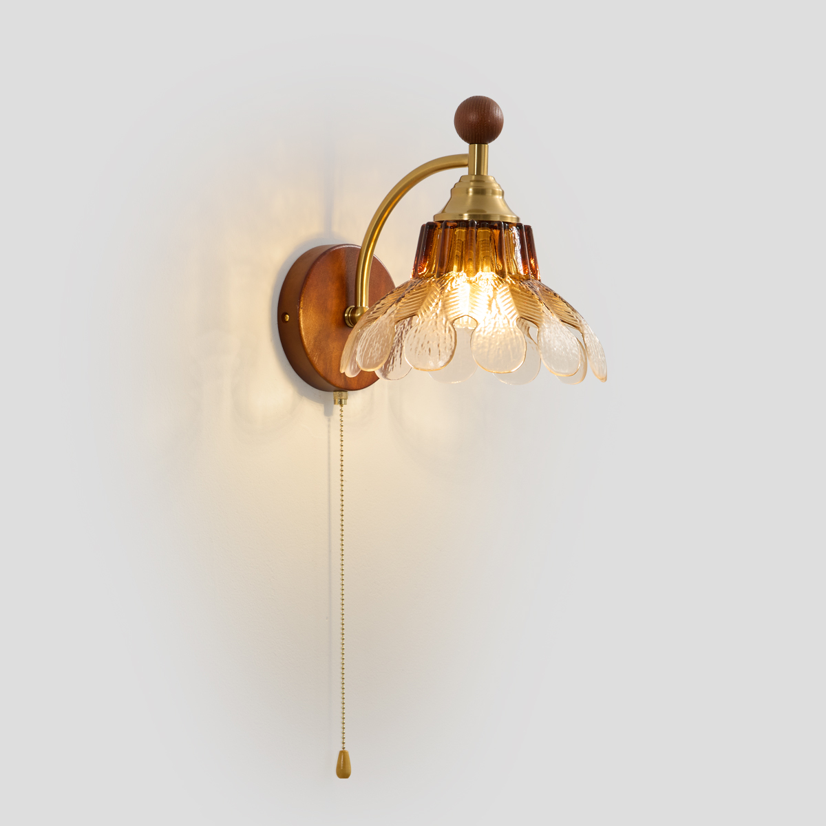 Vintage Wood & Glass Leaf Wall Sconce with Pull Chain 1 Vintage Wood & Glass Leaf Wall Sconce with Pull Chain