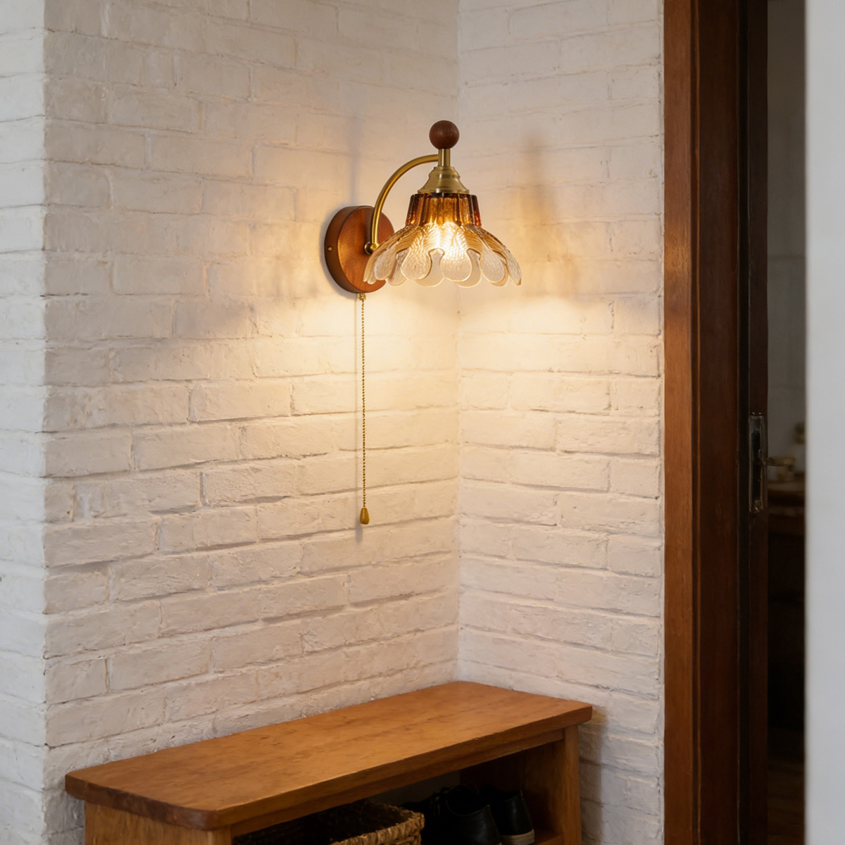 Vintage Wood & Glass Leaf Wall Sconce with Pull Chain 7 Vintage Wood & Glass Leaf Wall Sconce with Pull Chain - Image 7