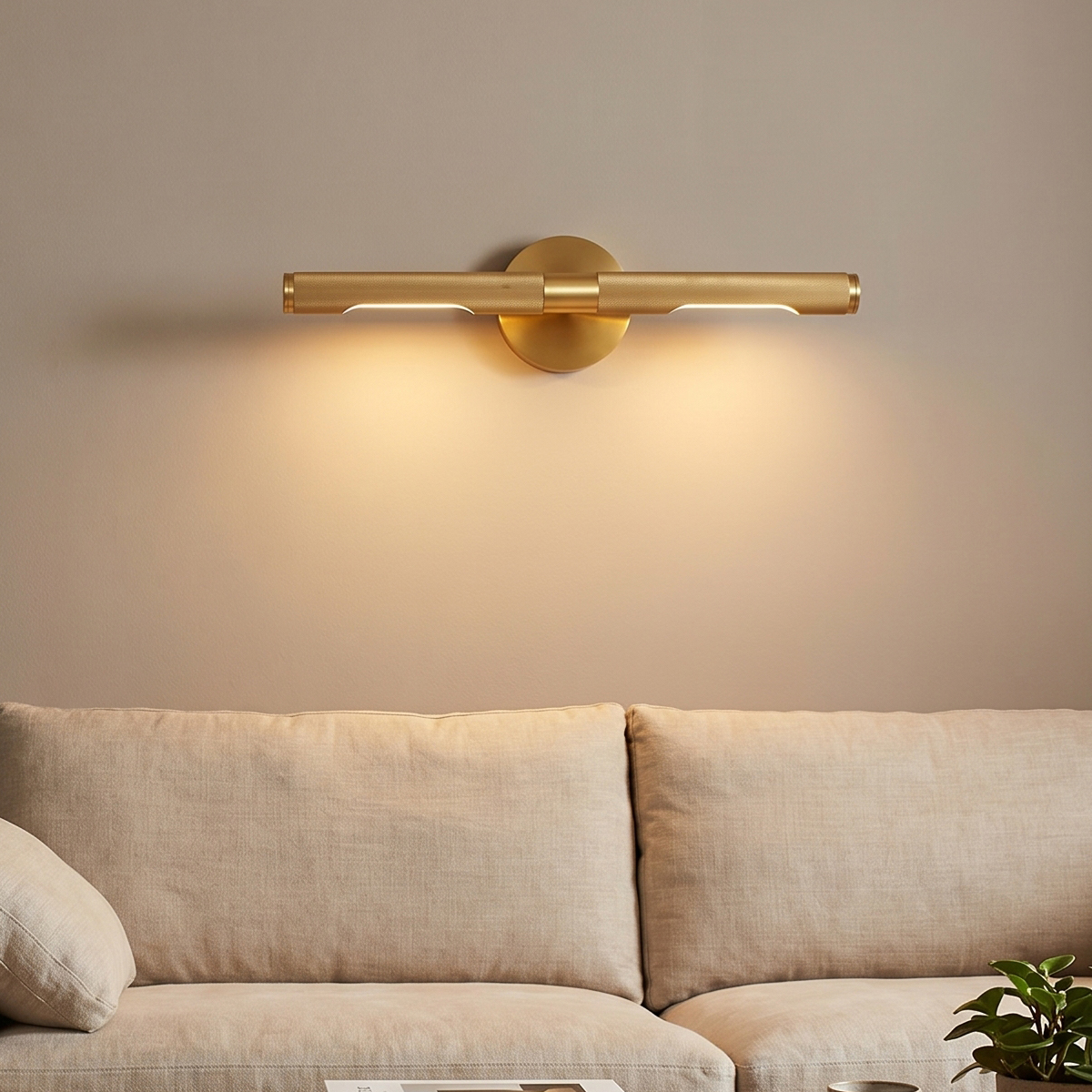 Linear Brushed Gold Picture Light 3 18.1 inch modern brushed brass LED vanity light with knurled metal texture.