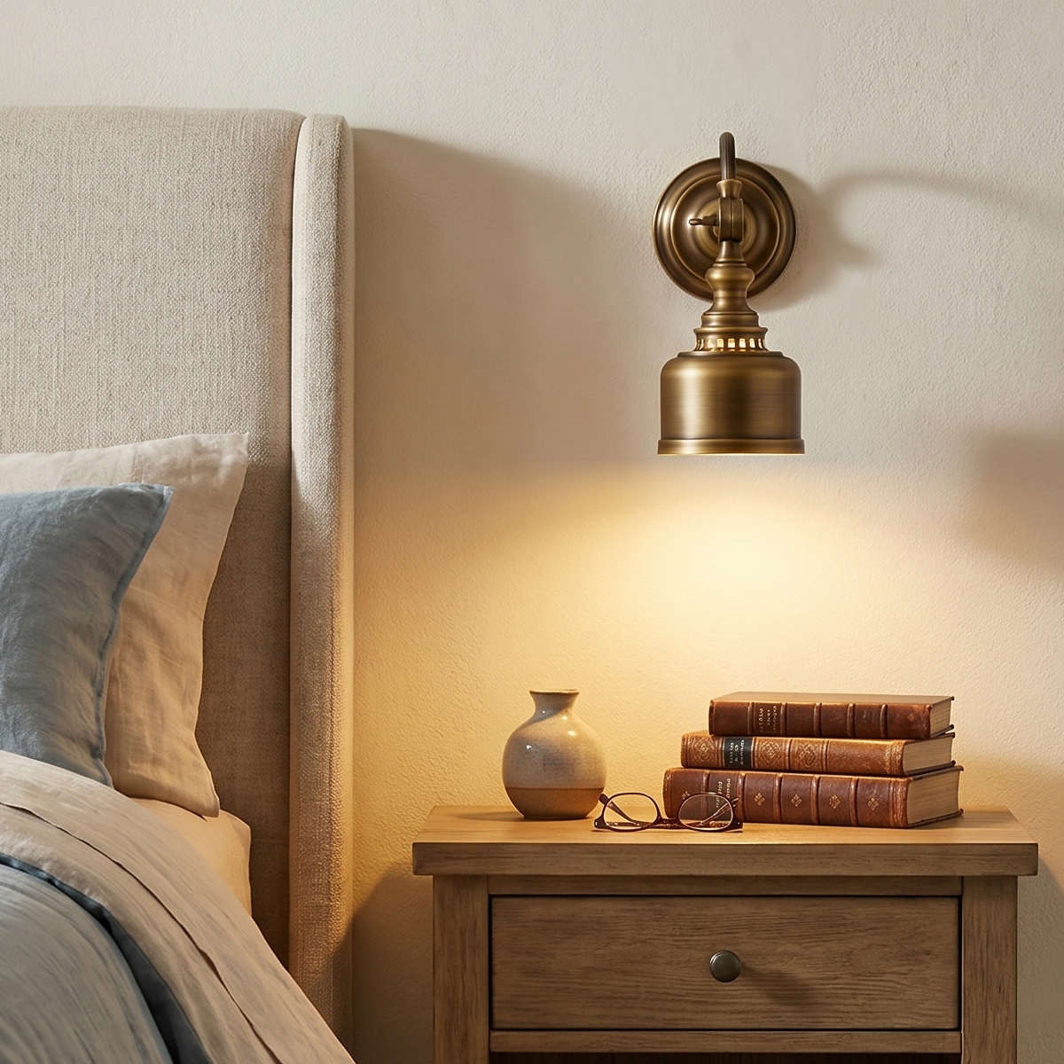 Mid-century Modern Brass Sconce 2 Elegant curved arm mid-century modern brass wall sconce in brushed finish, ideal for gallery or bedside lighting.
