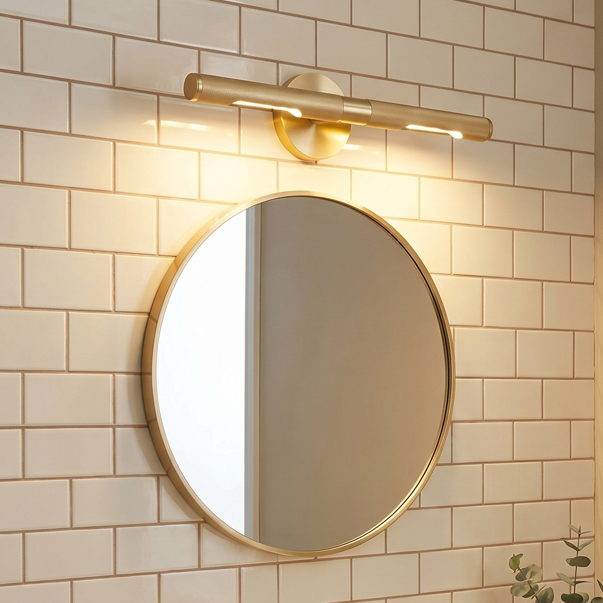 Linear Brushed Gold Picture Light 8 18.1 inch modern brushed brass LED vanity light with knurled metal texture.