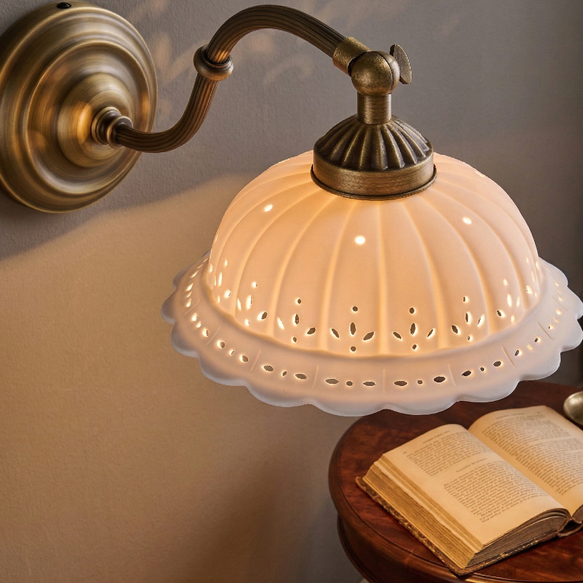 French Country Wall Sconce 9 French Country Wall Sconce with antique brass arm and scalloped pierced ceramic shade