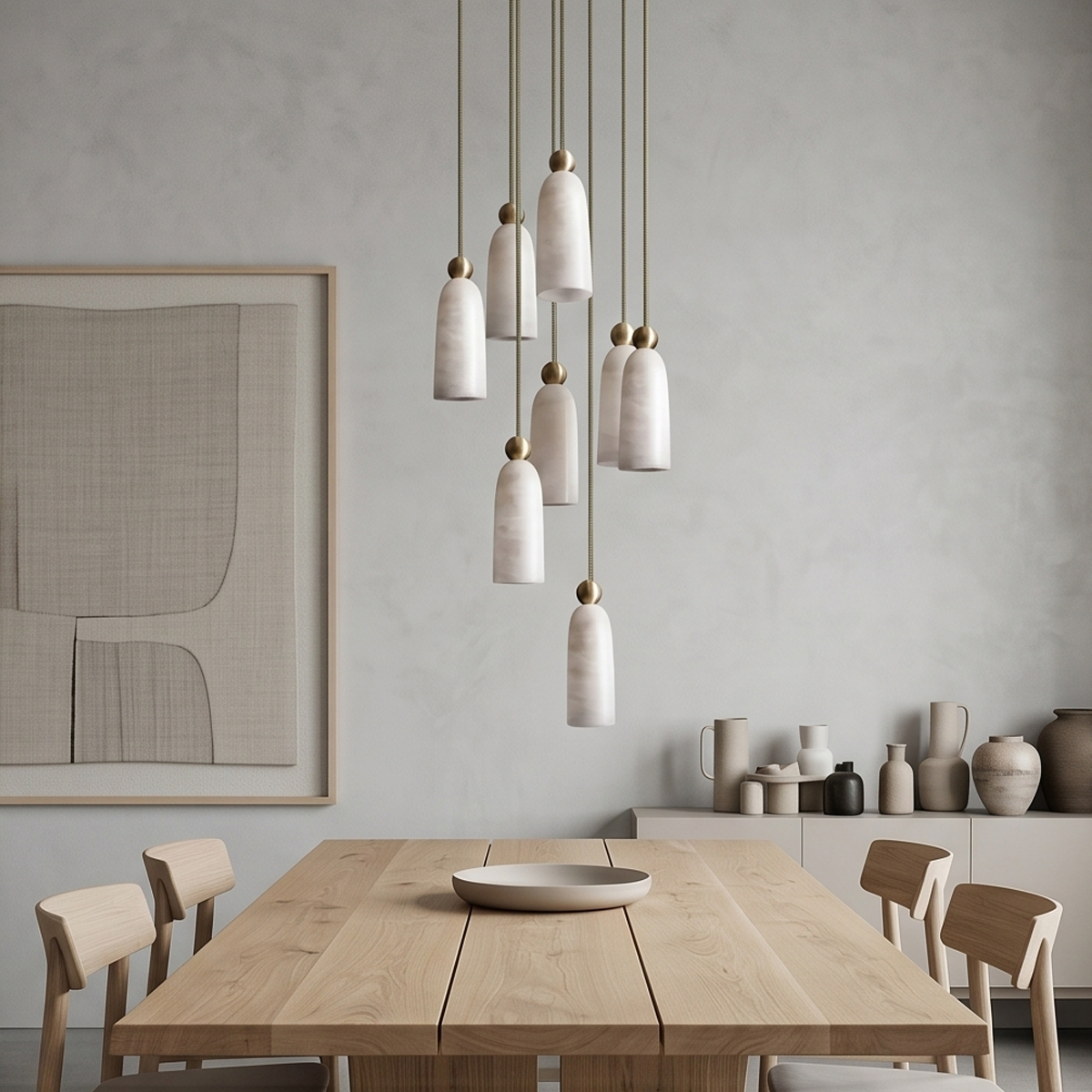 Luxury Alabaster Marble Pendant Light 7 7-light modern marble cluster chandelier dining room fixture over a solid oak dining table.