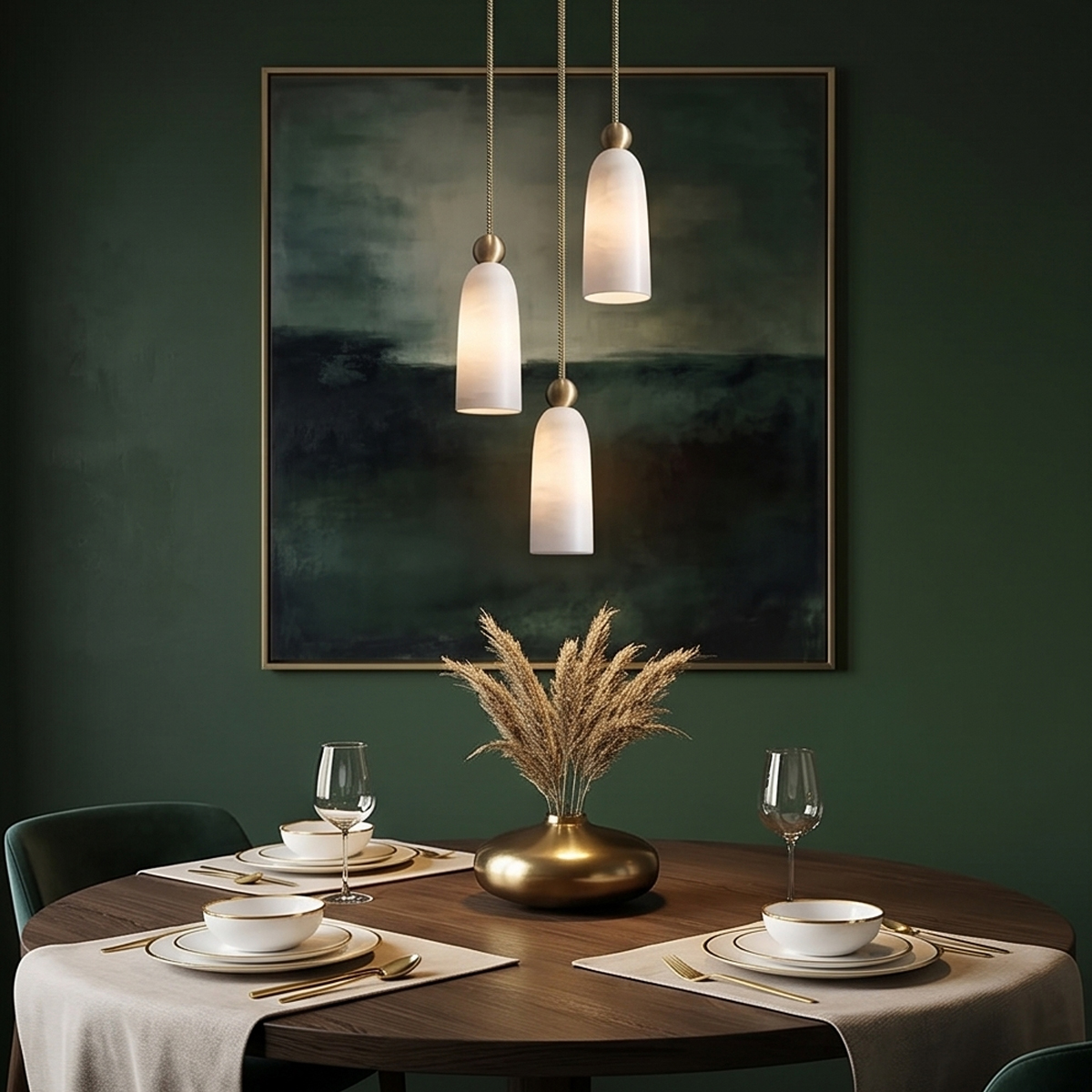 Luxury Alabaster Marble Pendant Light 4 Cascading marble cluster chandelier light glowing over an elegant modern round dining table setup.