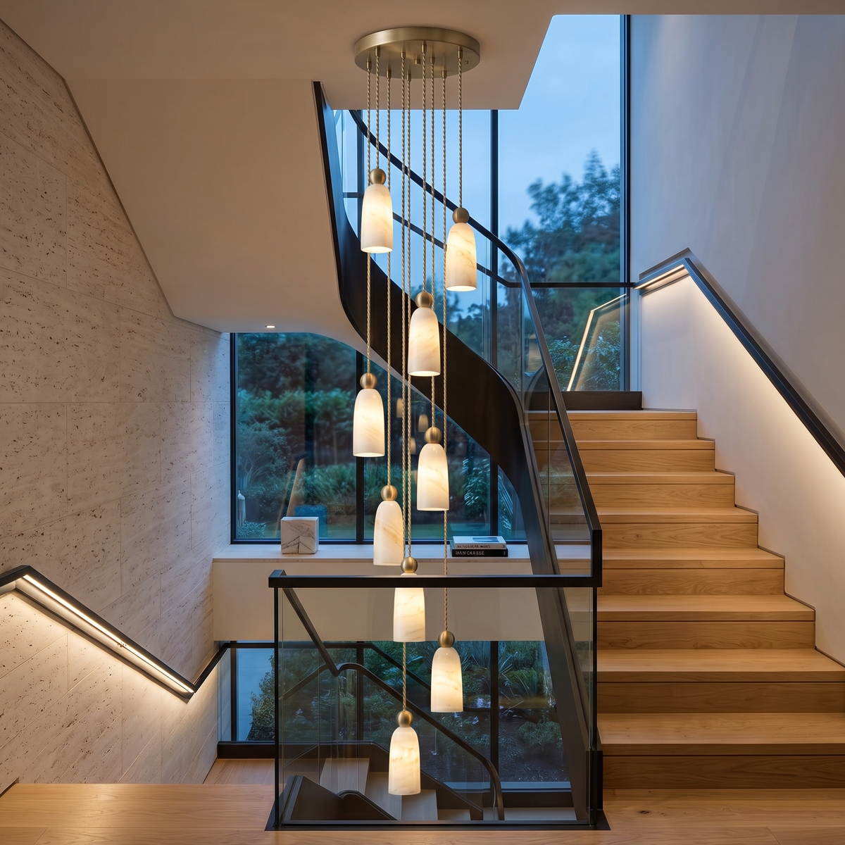 Luxury Alabaster Marble Pendant Light 8 Grand staircase multi-light luxury alabaster ceiling chandelier with cascading hanging cables.