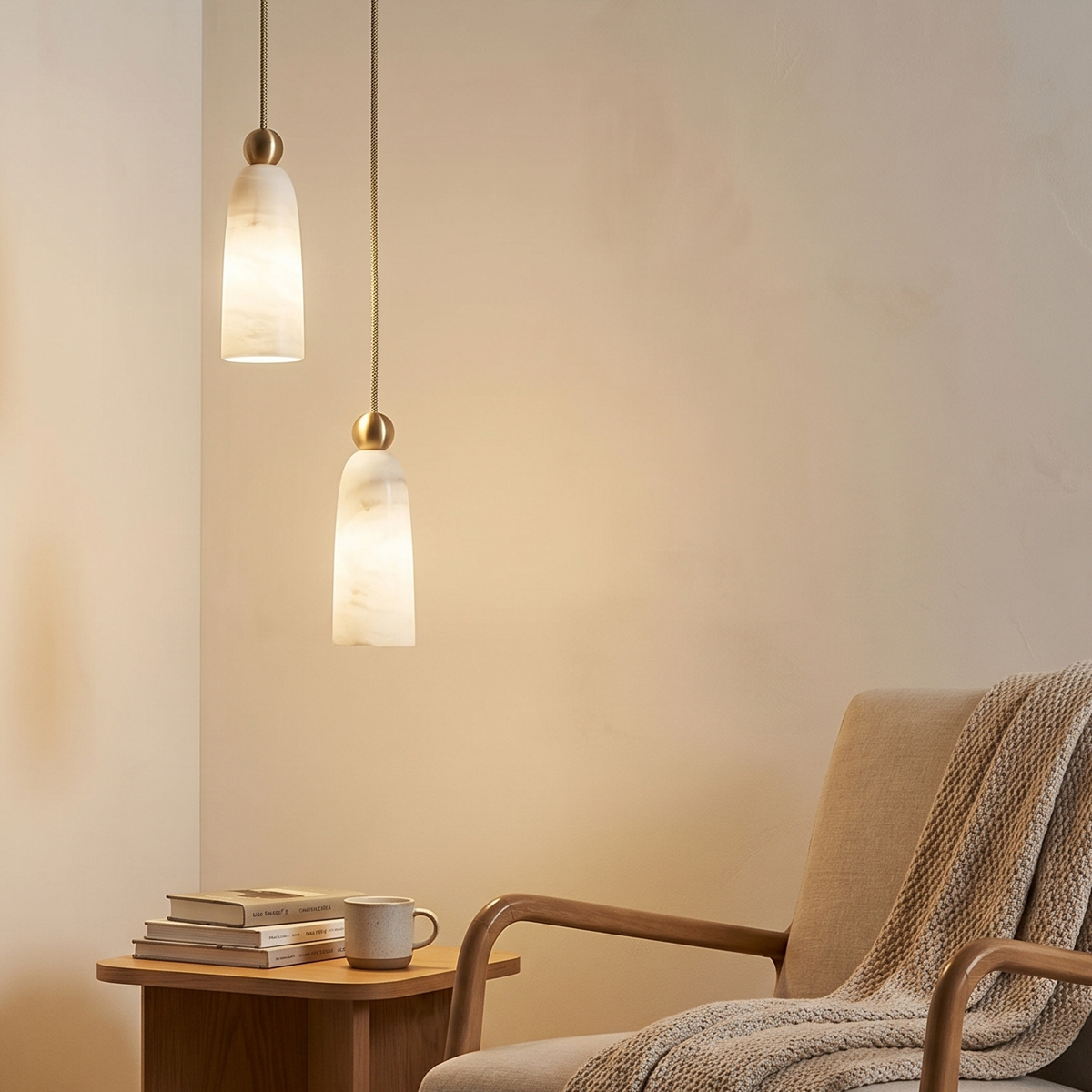 Luxury Alabaster Marble Pendant Light 3 Luxury contemporary stone pendant lights illuminating a cozy living room reading armchair area.