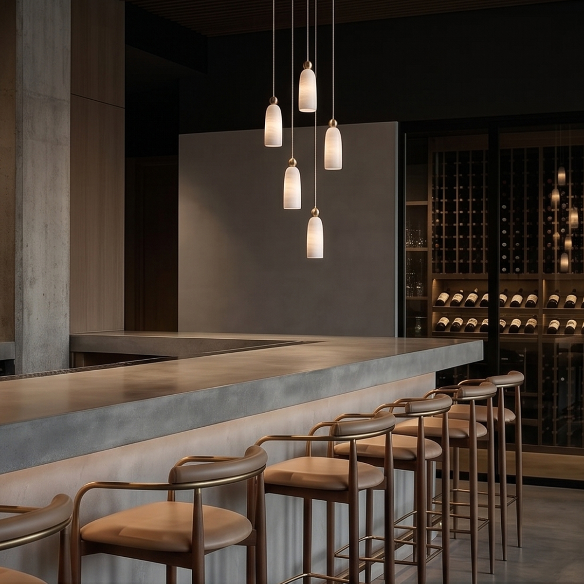 Luxury Alabaster Marble Pendant Light 6 Modern luxury bar counter counter seating illuminated by a 5-head cascading marble pendant fixture.