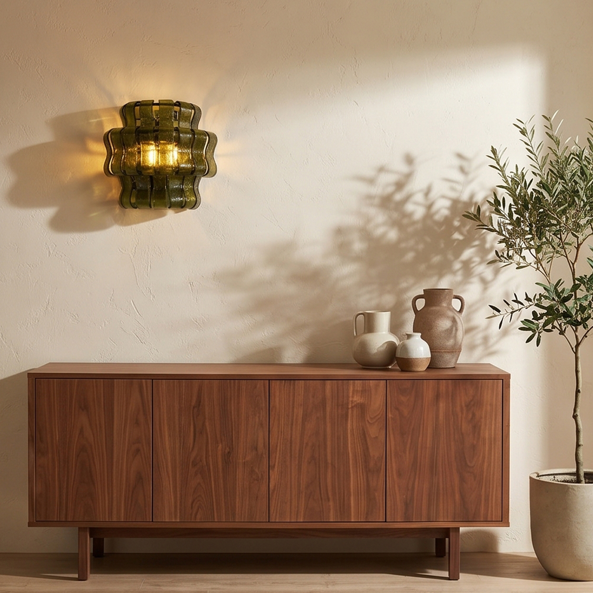 Vintage Green Glass Sconce 6 Elevate your home with this vintage green glass sconce. Featuring tiered, wavy olive glass and a warm amber glow, perfect for mid-century modern spaces. Shop now!