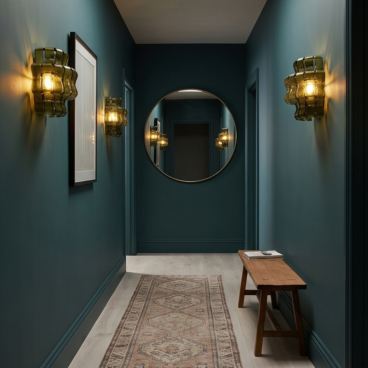 Vintage Green Glass Sconce 5 Elevate your home with this vintage green glass sconce. Featuring tiered, wavy olive glass and a warm amber glow, perfect for mid-century modern spaces. Shop now!