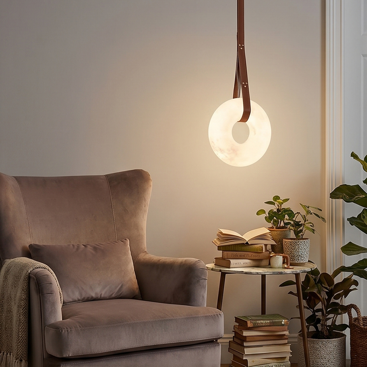 Alabaster Ring Pendant Light 3 Alt Text: Three illuminated alabaster ring pendant lights suspended by brown leather straps with brass hardware against a light grey background.