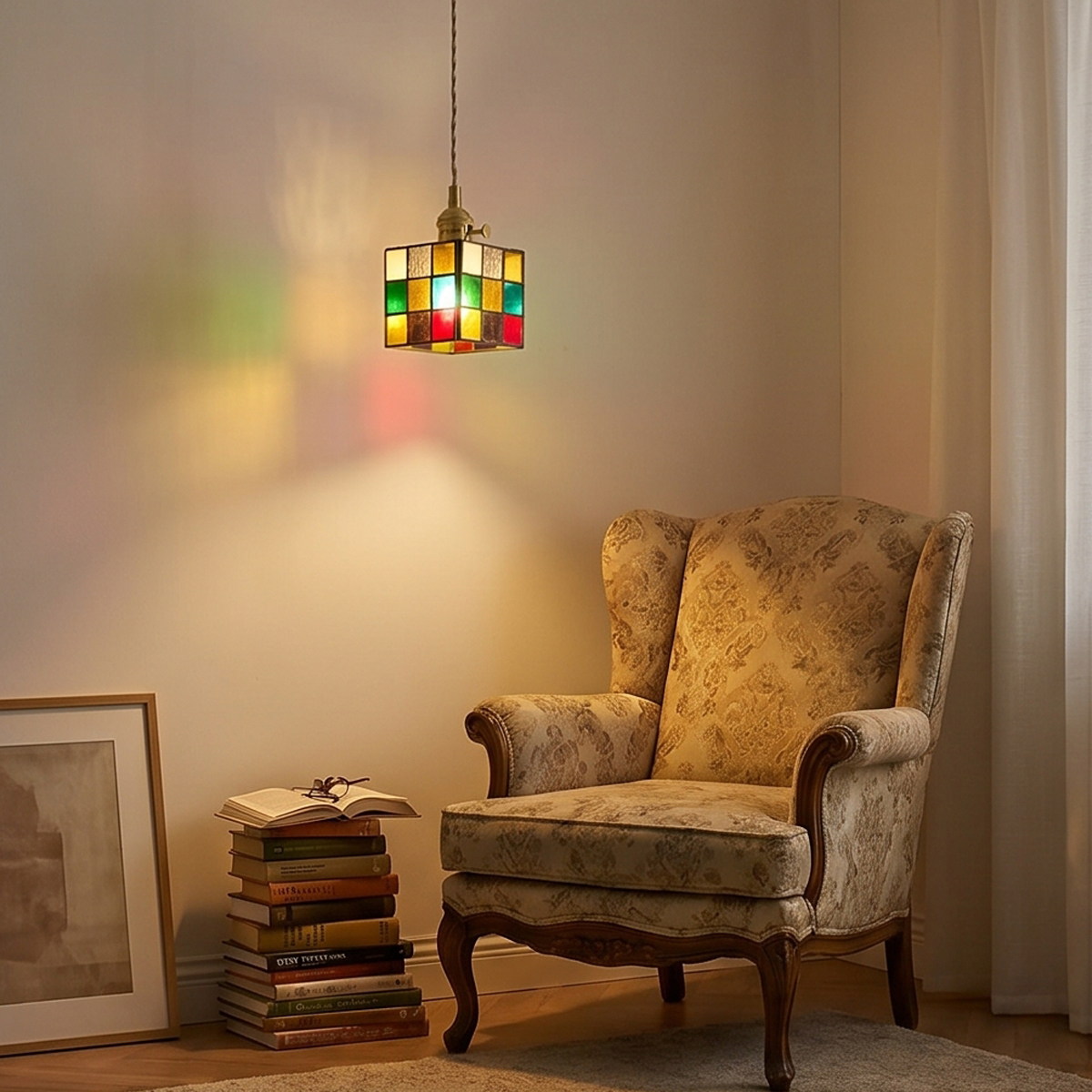 Vintage Stained Glass Cube Pendant Light 3 Small colorful glass hanging lamp installed above a bistro table in a vintage-inspired dining space
