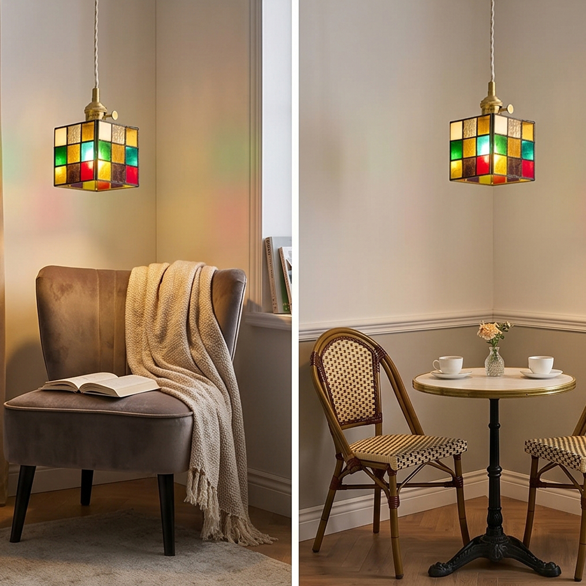 Vintage Stained Glass Cube Pendant Light 4 Small colorful glass hanging lamp installed above a bistro table in a vintage-inspired dining space