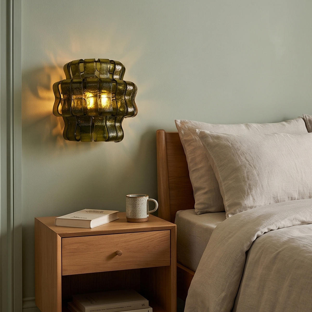 Vintage Green Glass Sconce 2 Elevate your home with this vintage green glass sconce. Featuring tiered, wavy olive glass and a warm amber glow, perfect for mid-century modern spaces. Shop now!