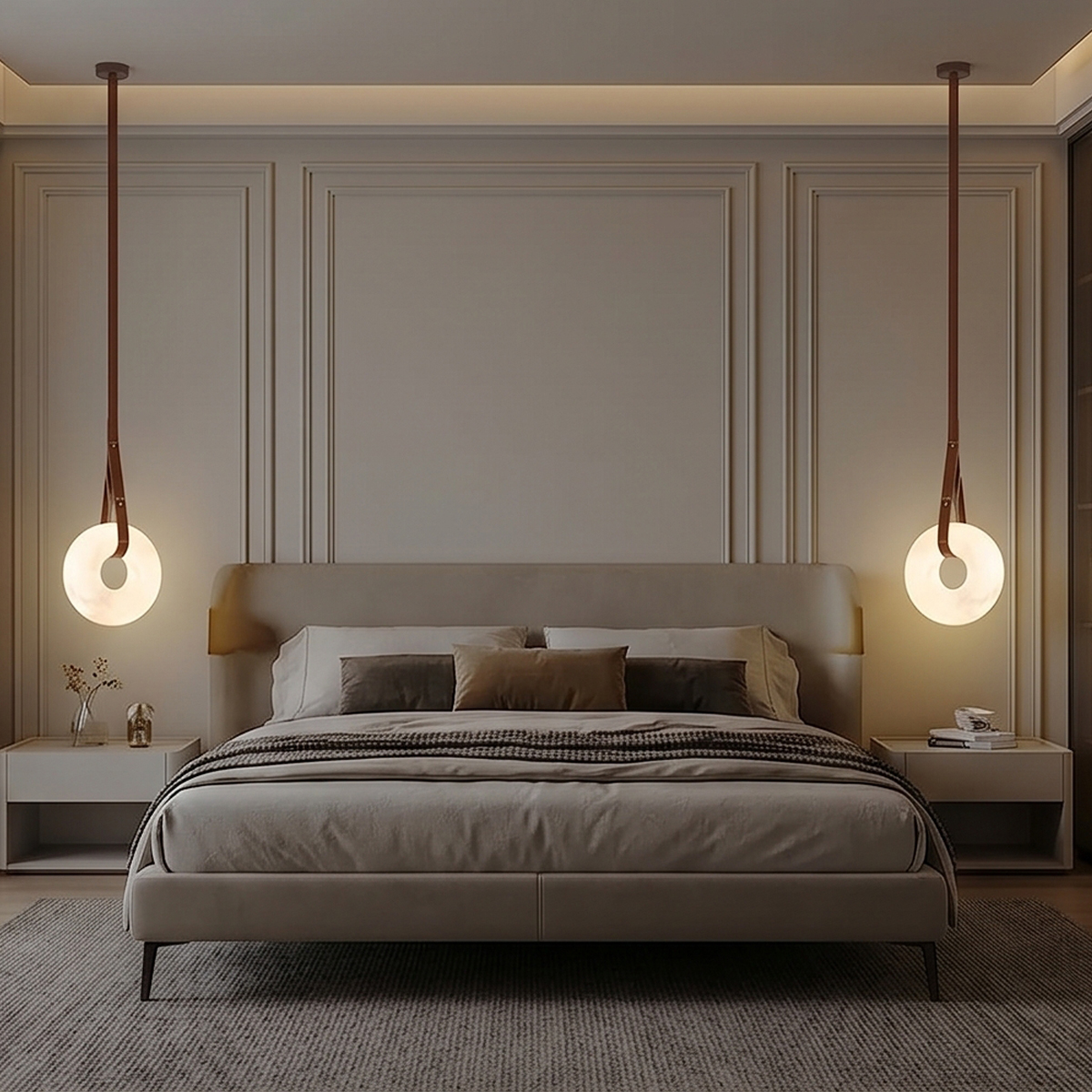 Alabaster Ring Pendant Light 5 Alt Text: Three illuminated alabaster ring pendant lights suspended by brown leather straps with brass hardware against a light grey background.