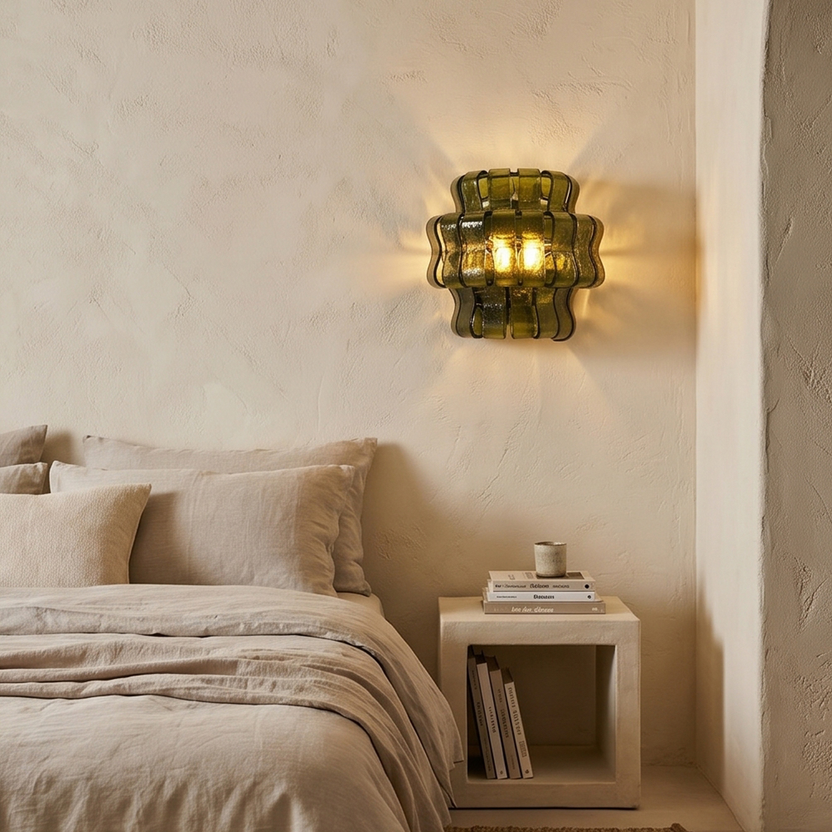 Vintage Green Glass Sconce 3 Elevate your home with this vintage green glass sconce. Featuring tiered, wavy olive glass and a warm amber glow, perfect for mid-century modern spaces. Shop now!
