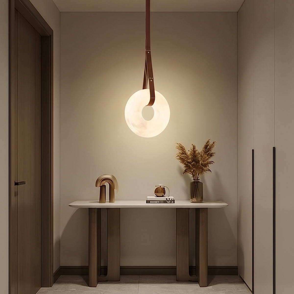 Alabaster Ring Pendant Light 6 Alt Text: Three illuminated alabaster ring pendant lights suspended by brown leather straps with brass hardware against a light grey background.