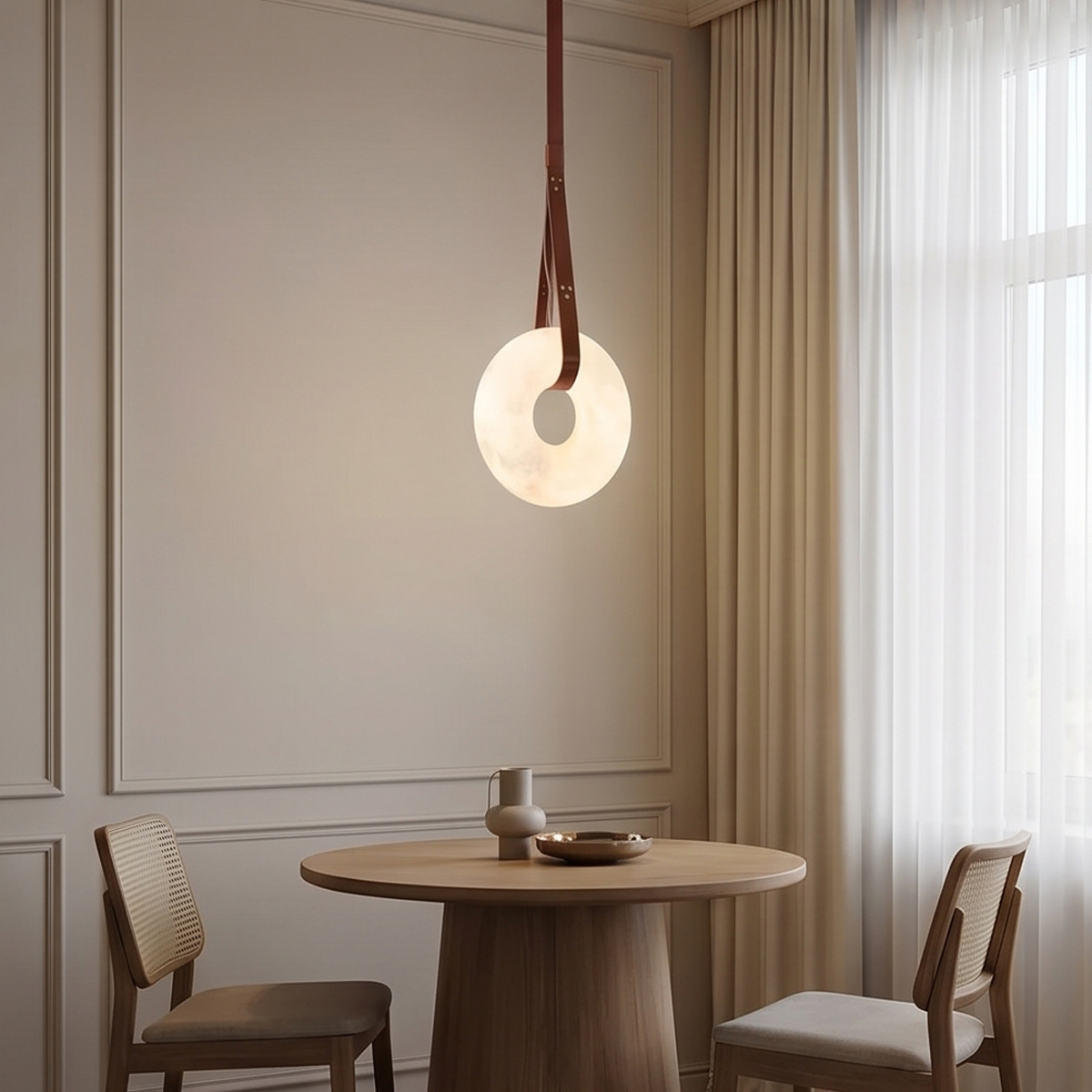 Alabaster Ring Pendant Light 7 Alt Text: Three illuminated alabaster ring pendant lights suspended by brown leather straps with brass hardware against a light grey background.