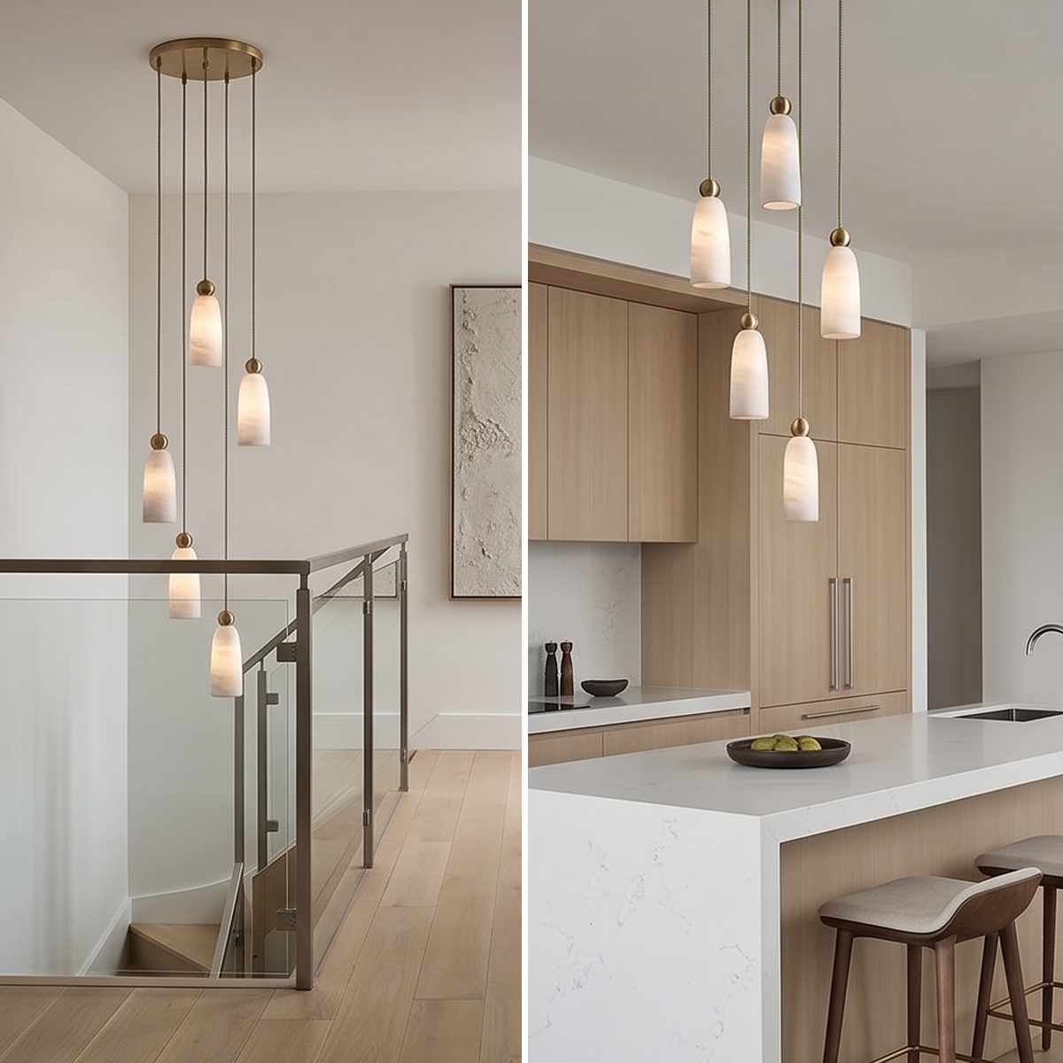 Luxury Alabaster Marble Pendant Light 5 Multi-pendant modern alabaster chandeliers showcased in a grand staircase and a luxury kitchen island.