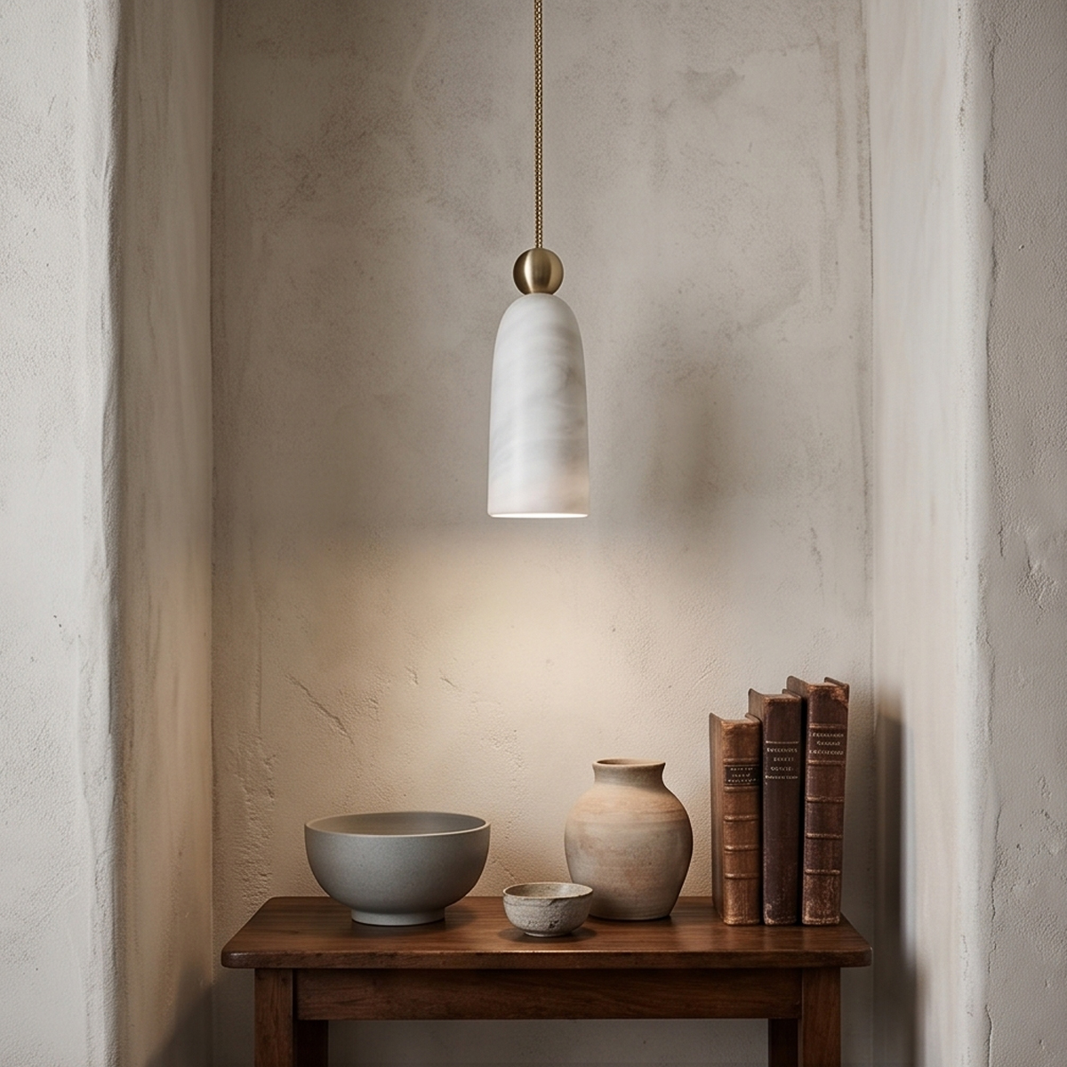 Luxury Alabaster Marble Pendant Light 2 Single alabaster hanging lamp fixture accenting a minimalist wall niche console table.