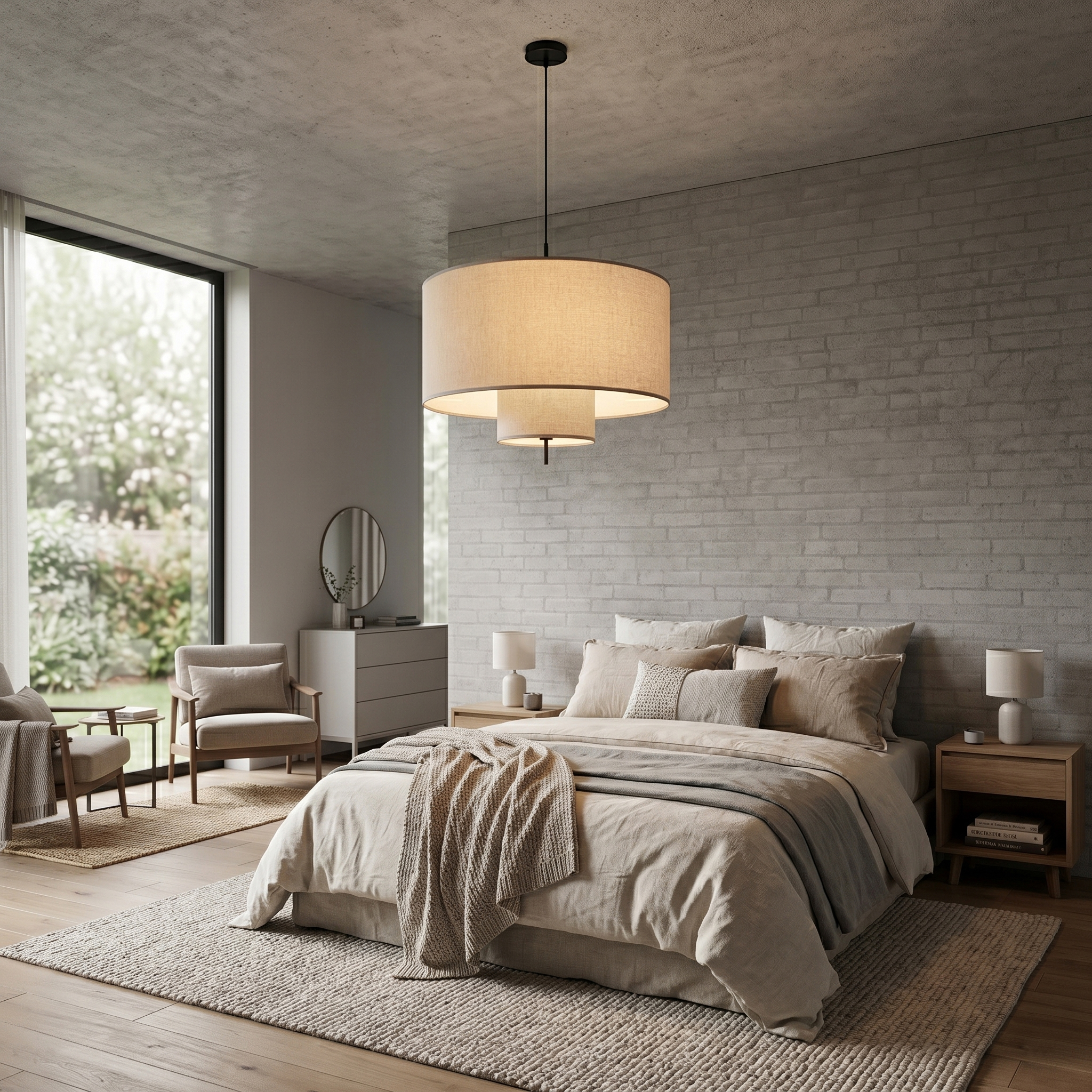 Modern 2-Tier Linen Pendant Light 6 Boho style linen drum chandelier ceiling fixture in a bright, organic master bedroom.