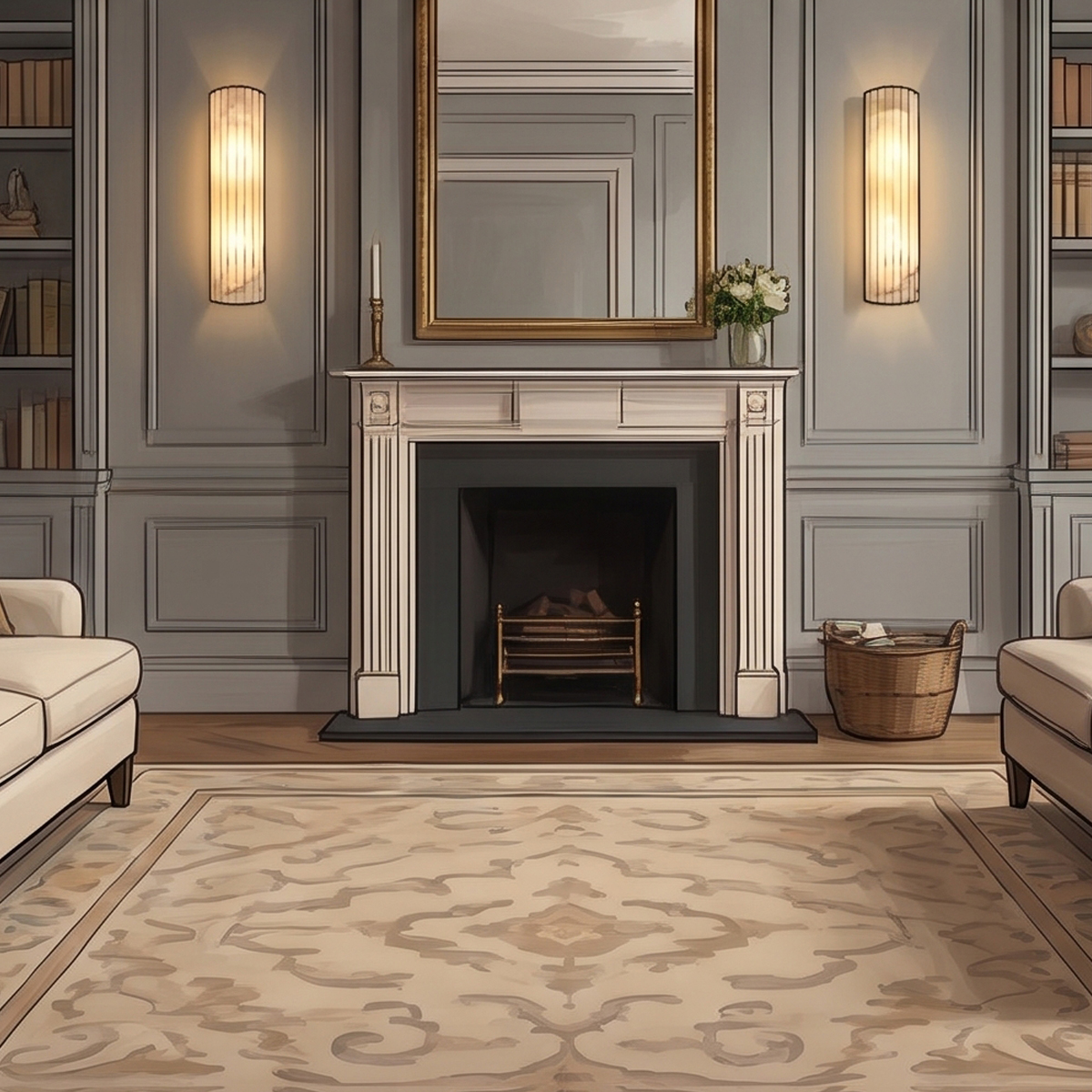 Valerie Fluted Alabaster Wall Sconce 6 Traditional living room design with classic gray wood paneling and stone wall sconces flanking a white fireplace.