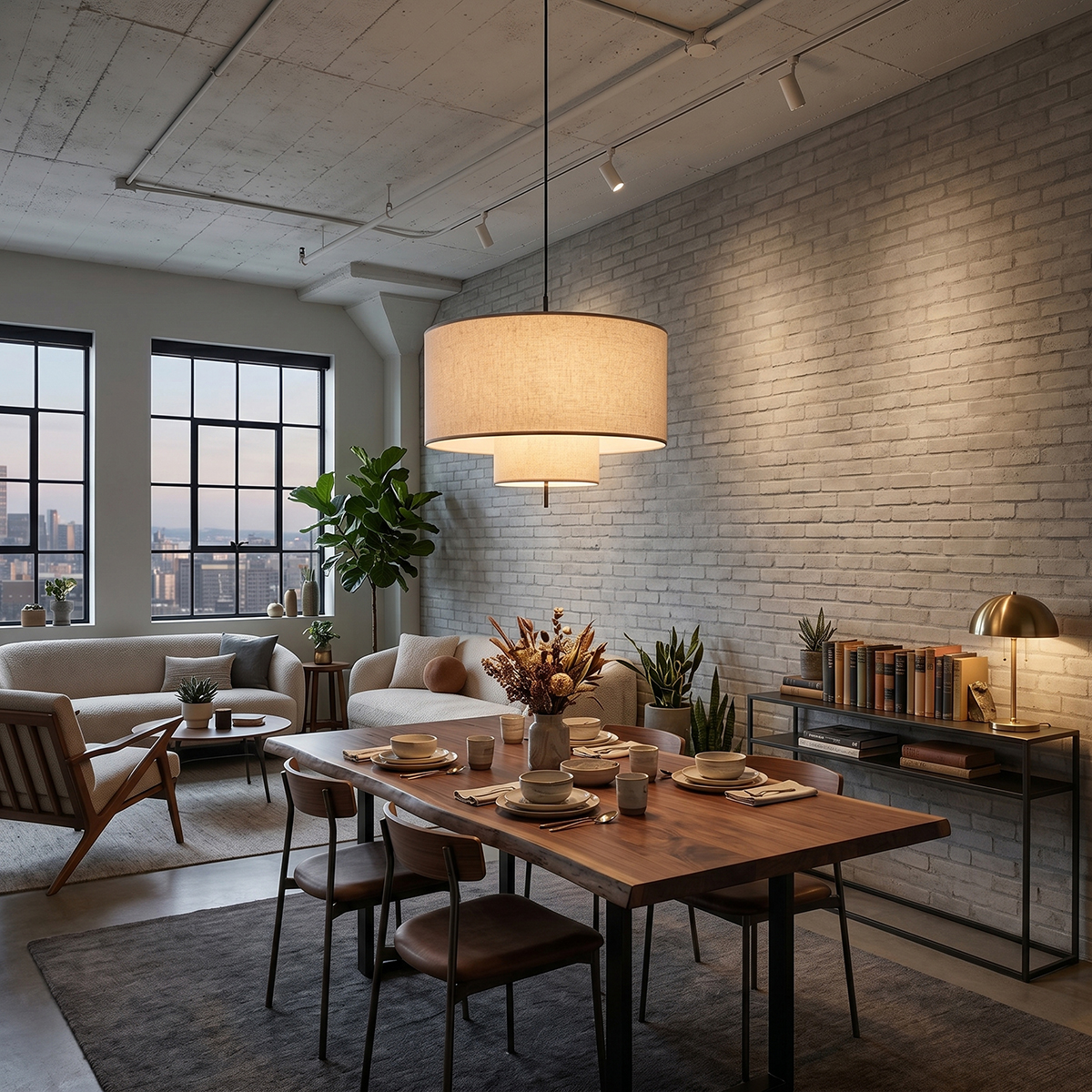 Modern 2-Tier Linen Pendant Light 5 Minimalist layered linen hanging light fixture in a contemporary warm living room.