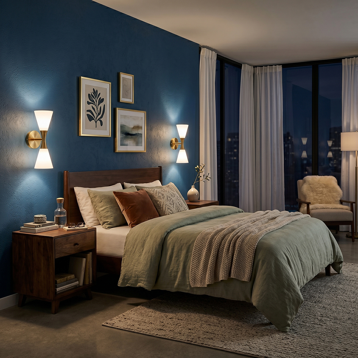 Mid-Century Modern Glass Wall Sconce 8 Luxury master bedroom lighting featuring two brass hourglass wall sconces on a deep blue accent wall.