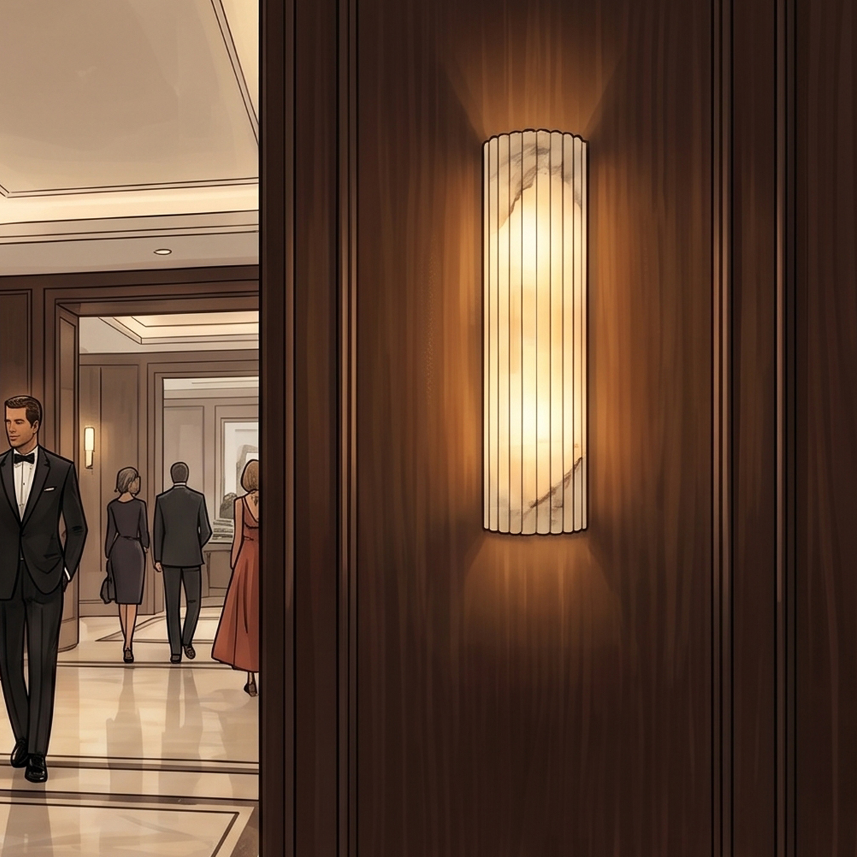 Valerie Fluted Alabaster Wall Sconce 7 Upscale hotel lobby corridor with dark wood paneling and an illuminated luxury ribbed stone wall light.