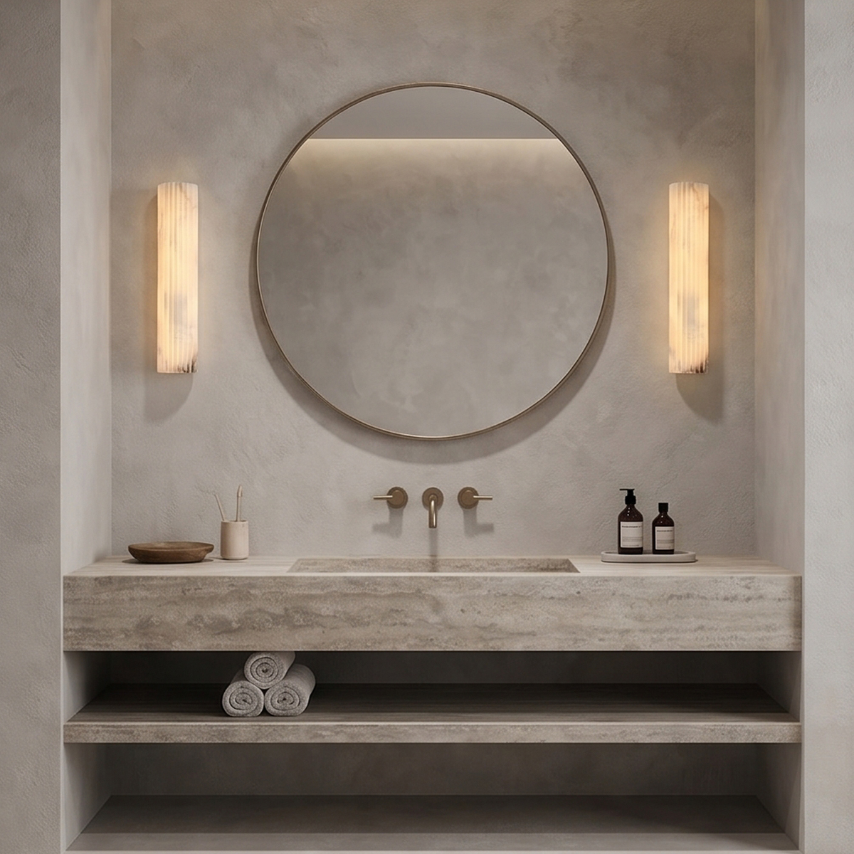 Valerie Fluted Alabaster Wall Sconce 4 A pair of linear fluted alabaster bathroom vanity lights flanking a large round mirror.