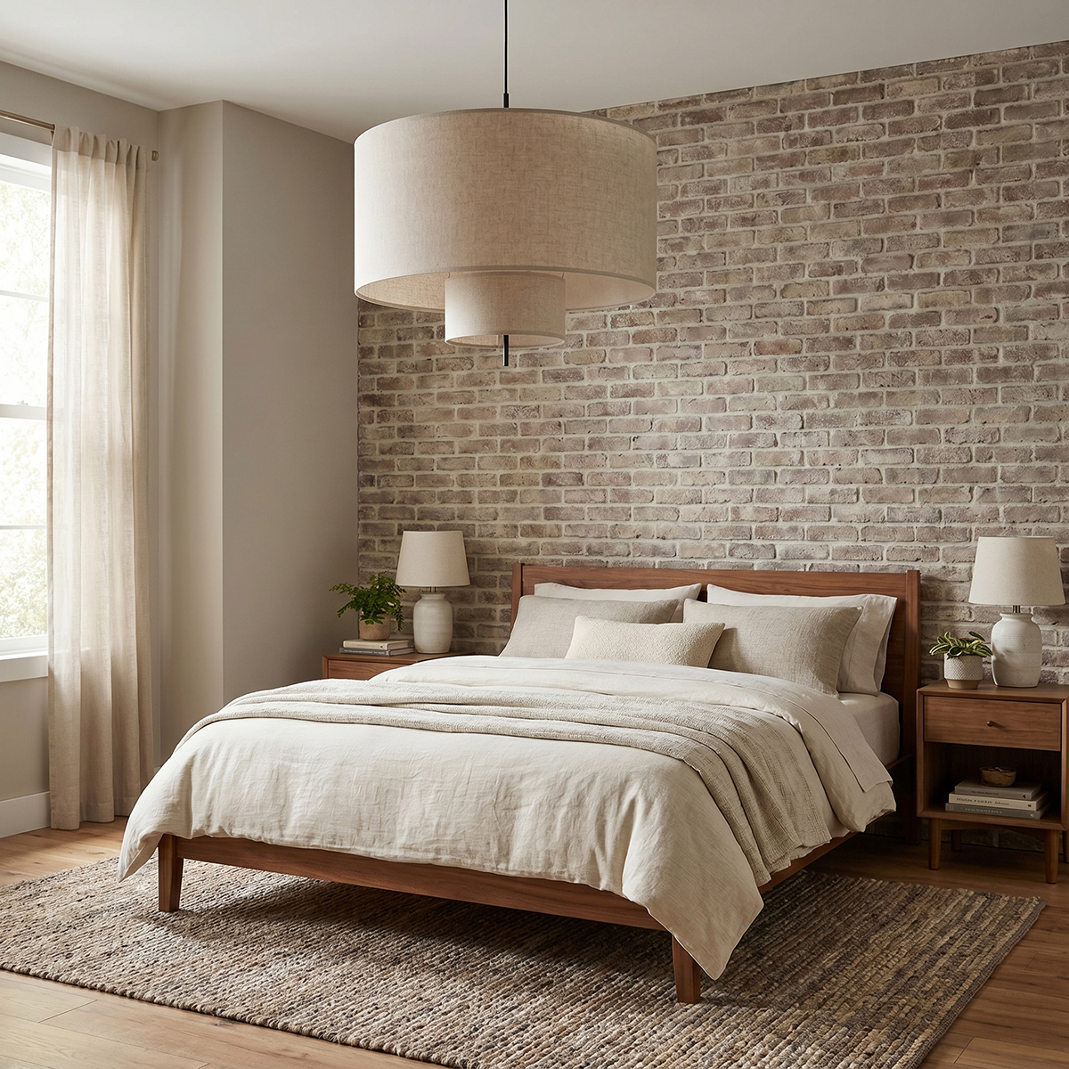 Modern 2-Tier Linen Pendant Light 7 Large natural linen drum pendant lamp in a cozy modern farmhouse bedroom setup.