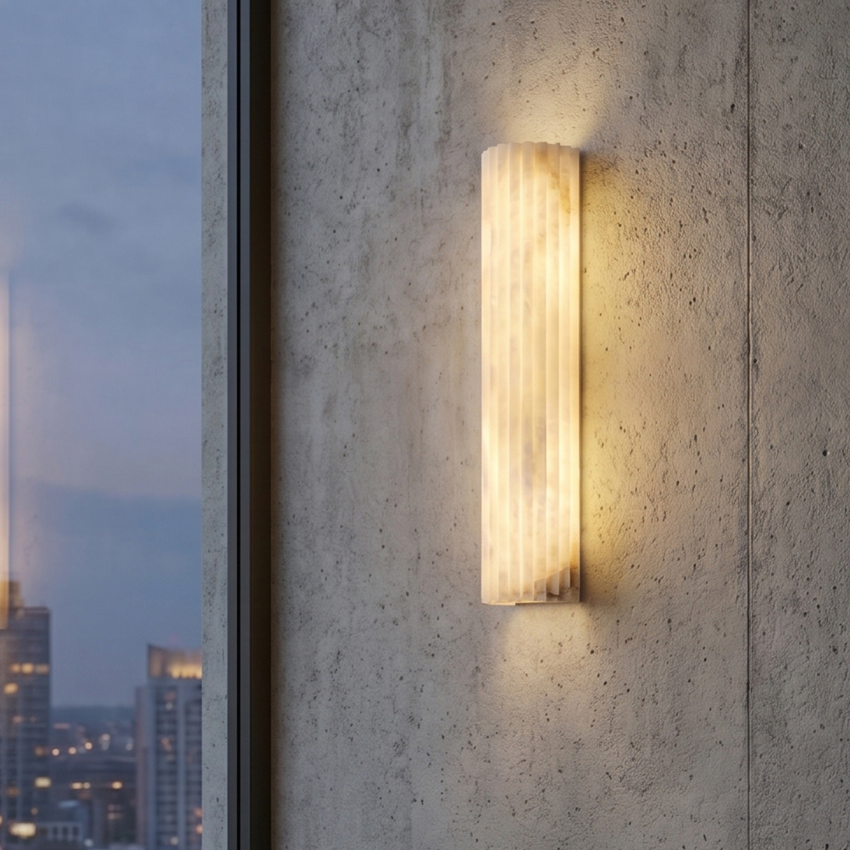 Valerie Fluted Alabaster Wall Sconce 2 Modern high-rise living room concrete wall decorated with an illuminated ribbed alabaster sconce.