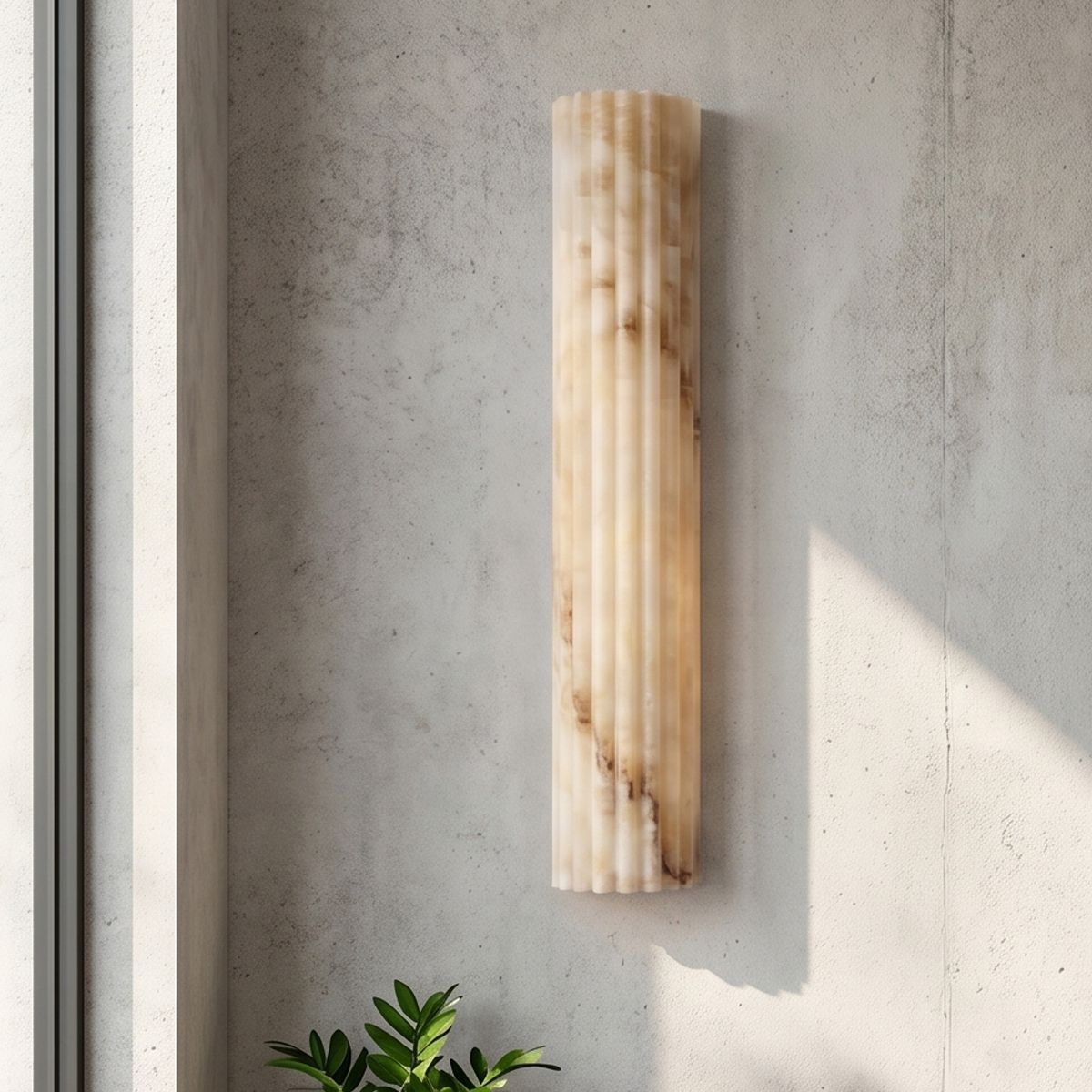 Valerie Fluted Alabaster Wall Sconce 8 Unlit fluted alabaster wall sconce in daylight displaying unique natural brown and beige veining.