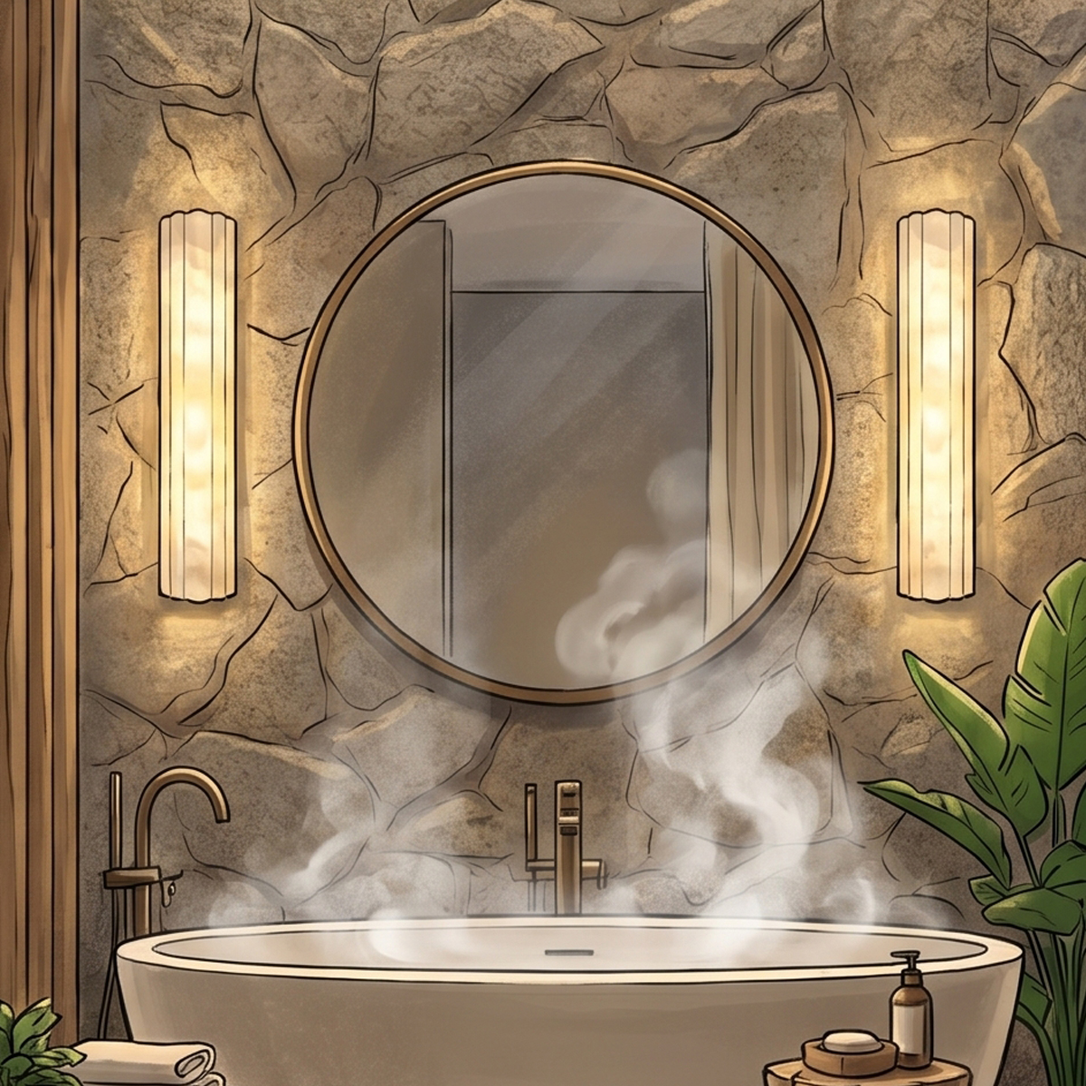 Valerie Fluted Alabaster Wall Sconce 5 Elegant bathroom illustration featuring stone walls and illuminated alabaster sconces by a steaming bathtub.